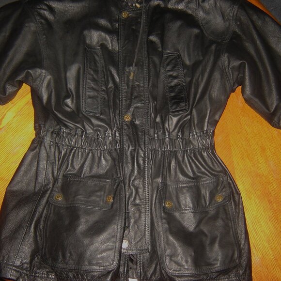 Vintage Comint Black Heavyweight Hooded Leather Coat Drawstring Waist M - Picture 4 of 9